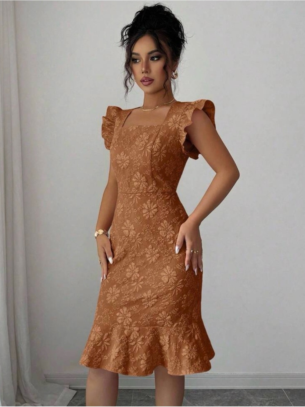 SHEIN Rust Floral Midi Dress with Square Neck & Ruffled Sleeves